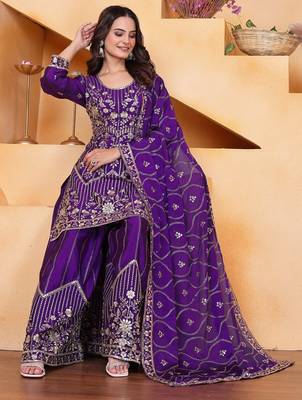 Purple color chinnon silk embroidery work wedding wear plazo set 3