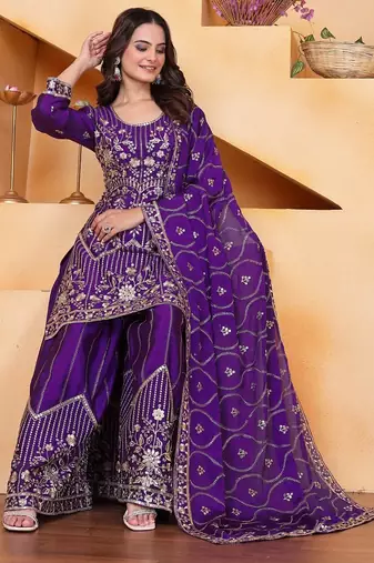 Purple color chinnon silk embroidery work wedding wear plazo set
