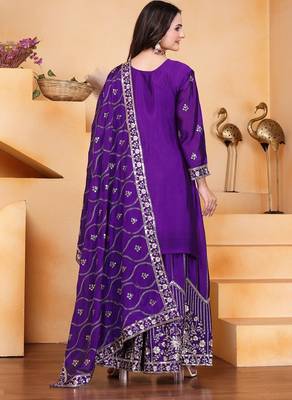 Purple color chinnon silk embroidery work wedding wear plazo set 4