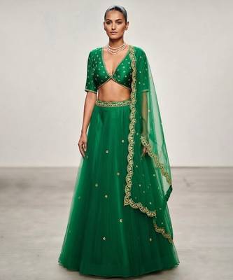 Green Embroidered Organza Lehenga Set 1
