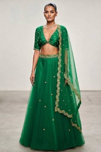 Green Embroidered Organza Lehenga Set