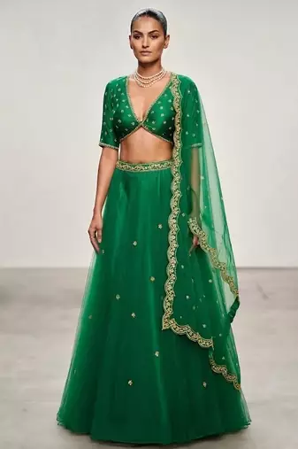 Green Embroidered Organza Lehenga Set