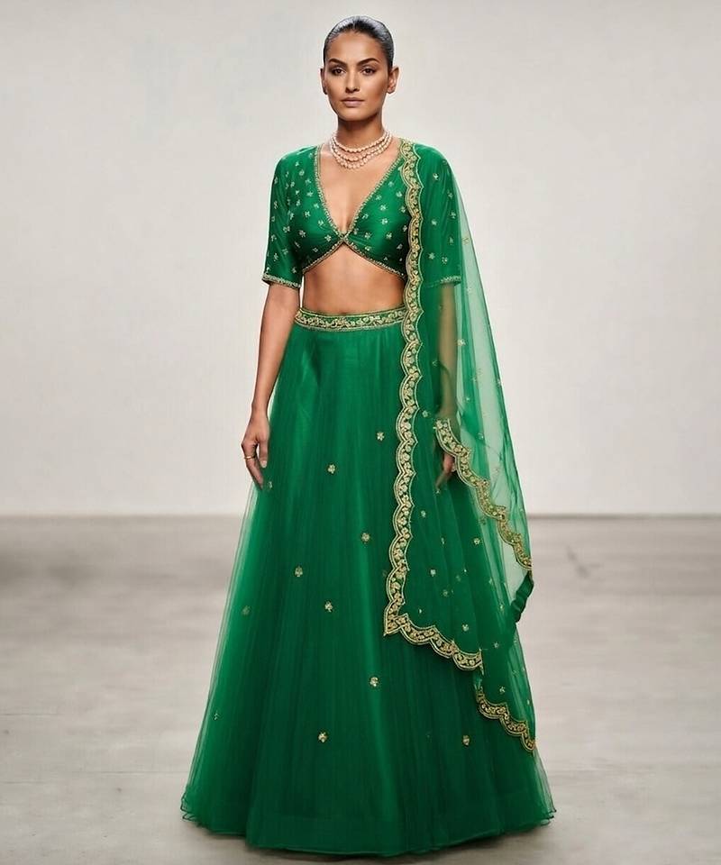 Green Embroidered Organza Lehenga Set