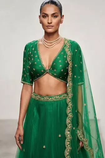 Green Embroidered Organza Lehenga Set