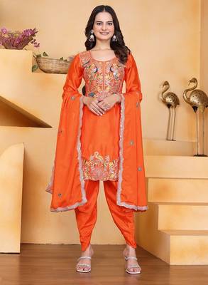 Orange color chinnon silk party wear punjabi dhoti suit 1