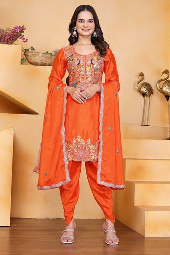 Orange color chinnon silk party wear punjabi dhoti suit