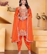 Orange color chinnon silk party wear punjabi dhoti suit