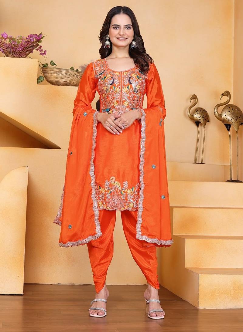Orange color chinnon silk party wear punjabi dhoti suit