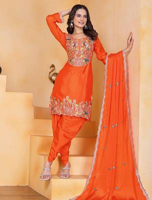 Orange color chinnon silk party wear punjabi dhoti suit 2