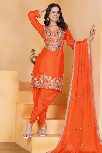 Orange color chinnon silk party wear punjabi dhoti suit