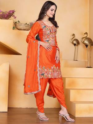 Orange color chinnon silk party wear punjabi dhoti suit 3