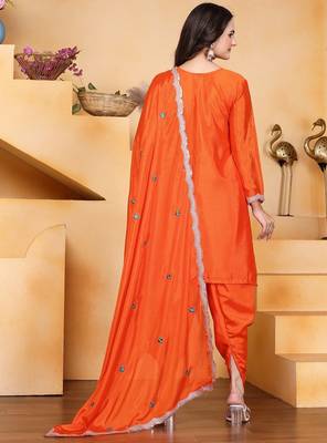 Orange color chinnon silk party wear punjabi dhoti suit 4
