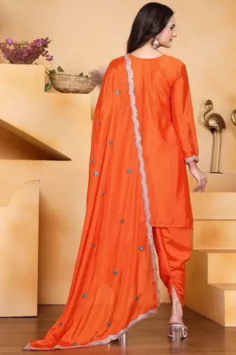 Orange color chinnon silk party wear punjabi dhoti suit
