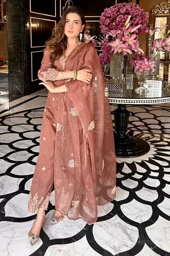 Floral embroidered thread work v-neck straight kurta with trousers & dupatta