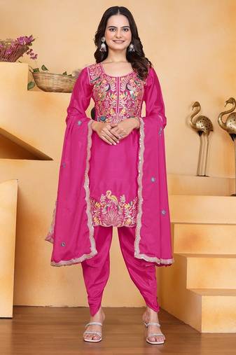 Pink color chinnon silk party wear punjabi dhoti suit