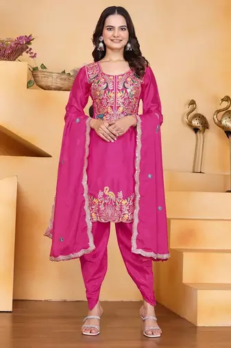 Pink color chinnon silk party wear punjabi dhoti suit