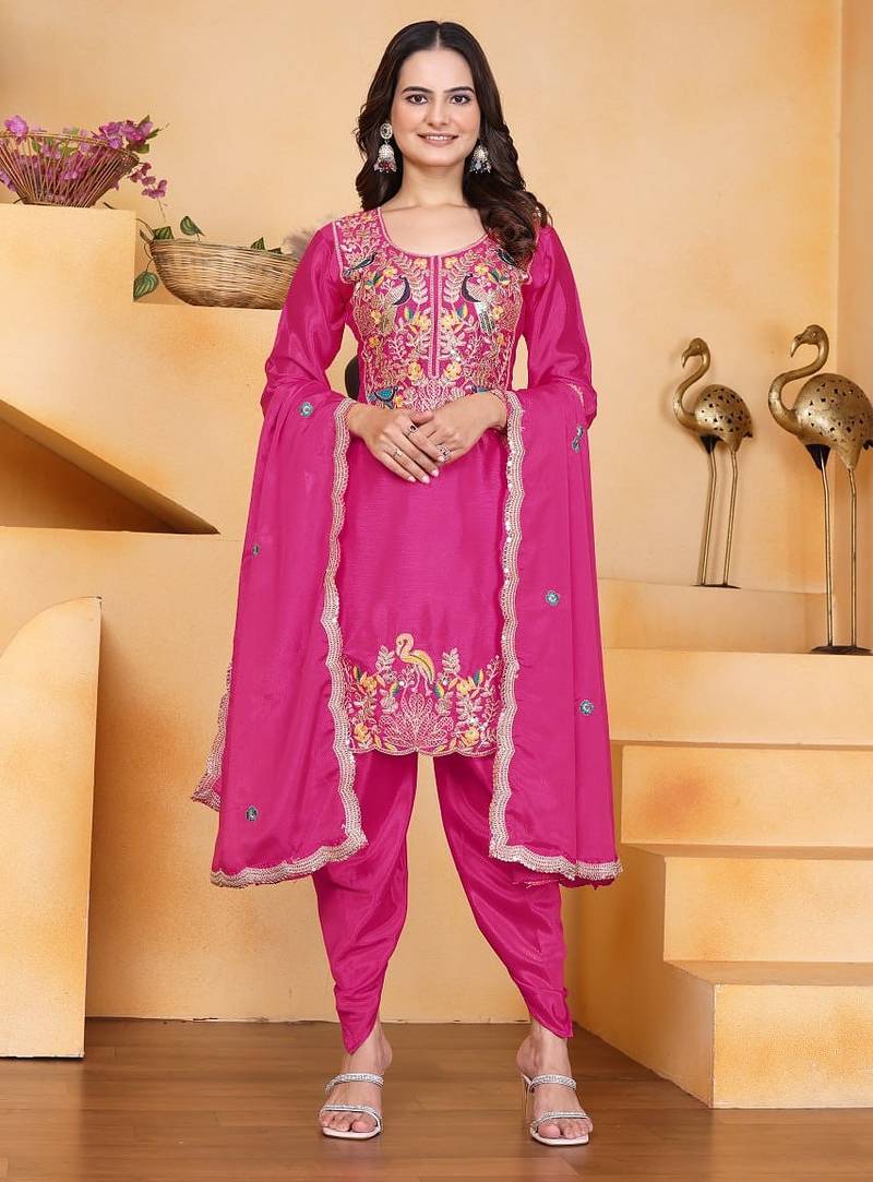 Pink color chinnon silk party wear punjabi dhoti suit