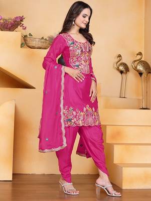 Pink color chinnon silk party wear punjabi dhoti suit 3