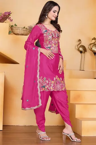 Pink color chinnon silk party wear punjabi dhoti suit