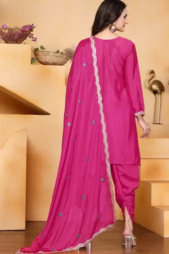 Pink color chinnon silk party wear punjabi dhoti suit