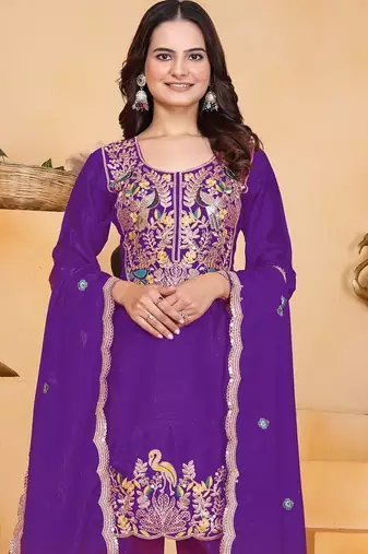 Purple color chinnon silk party wear punjabi dhoti suit
