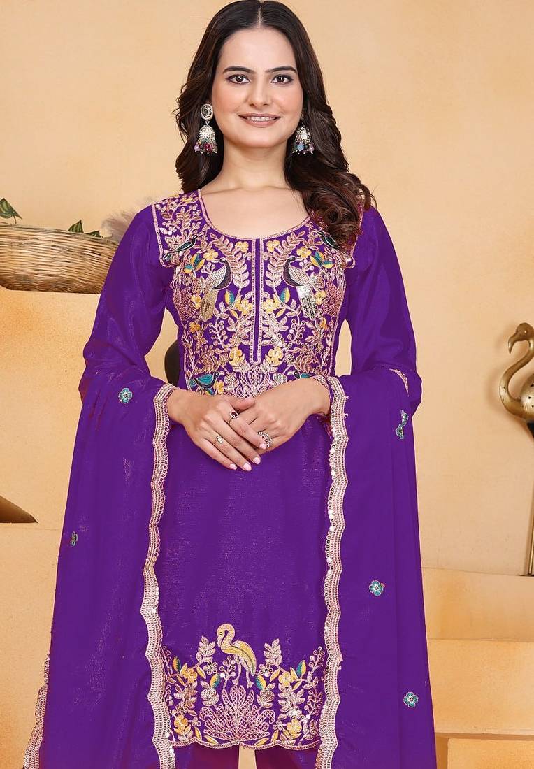 Purple color chinnon silk party wear punjabi dhoti suit