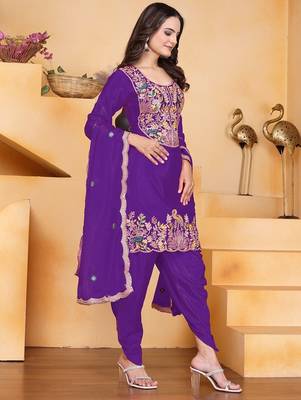 Purple color chinnon silk party wear punjabi dhoti suit 2