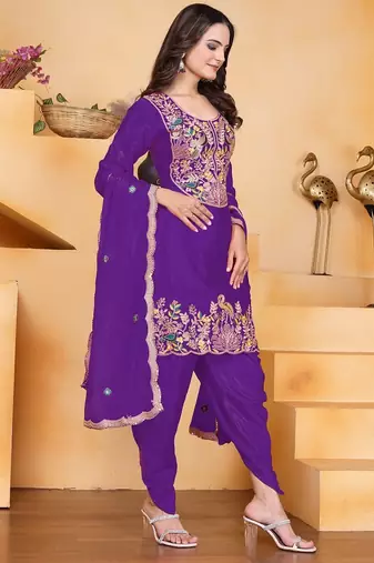 Purple color chinnon silk party wear punjabi dhoti suit