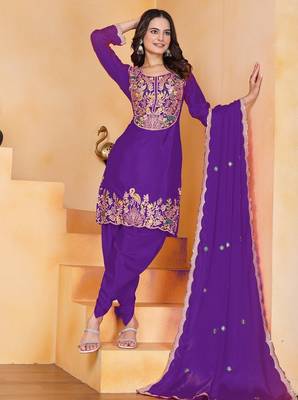 Purple color chinnon silk party wear punjabi dhoti suit 3