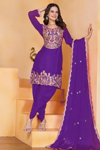 Purple color chinnon silk party wear punjabi dhoti suit