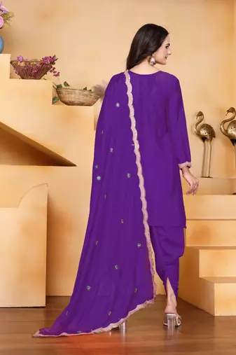 Purple color chinnon silk party wear punjabi dhoti suit