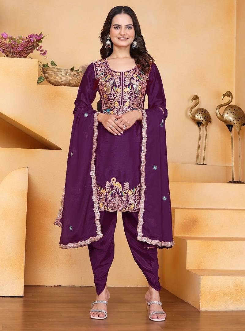 Wine color chinnon silk party wear punjabi dhoti suit