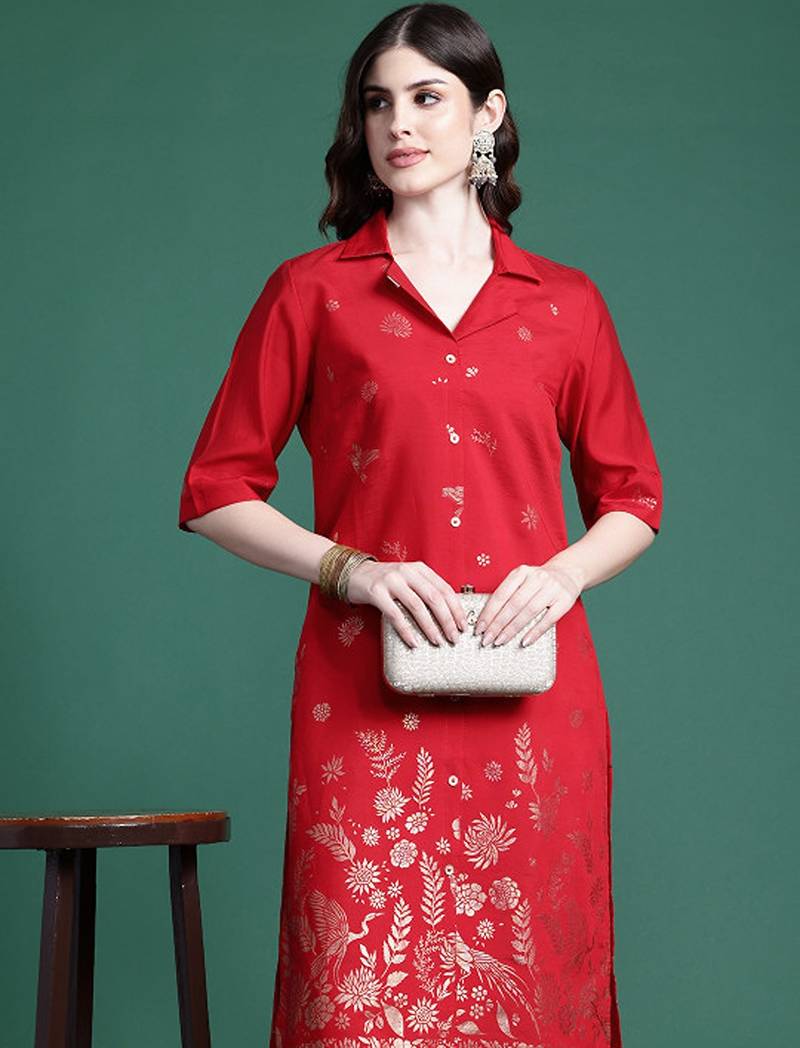 Ethnic printed cuban collar straight kurta