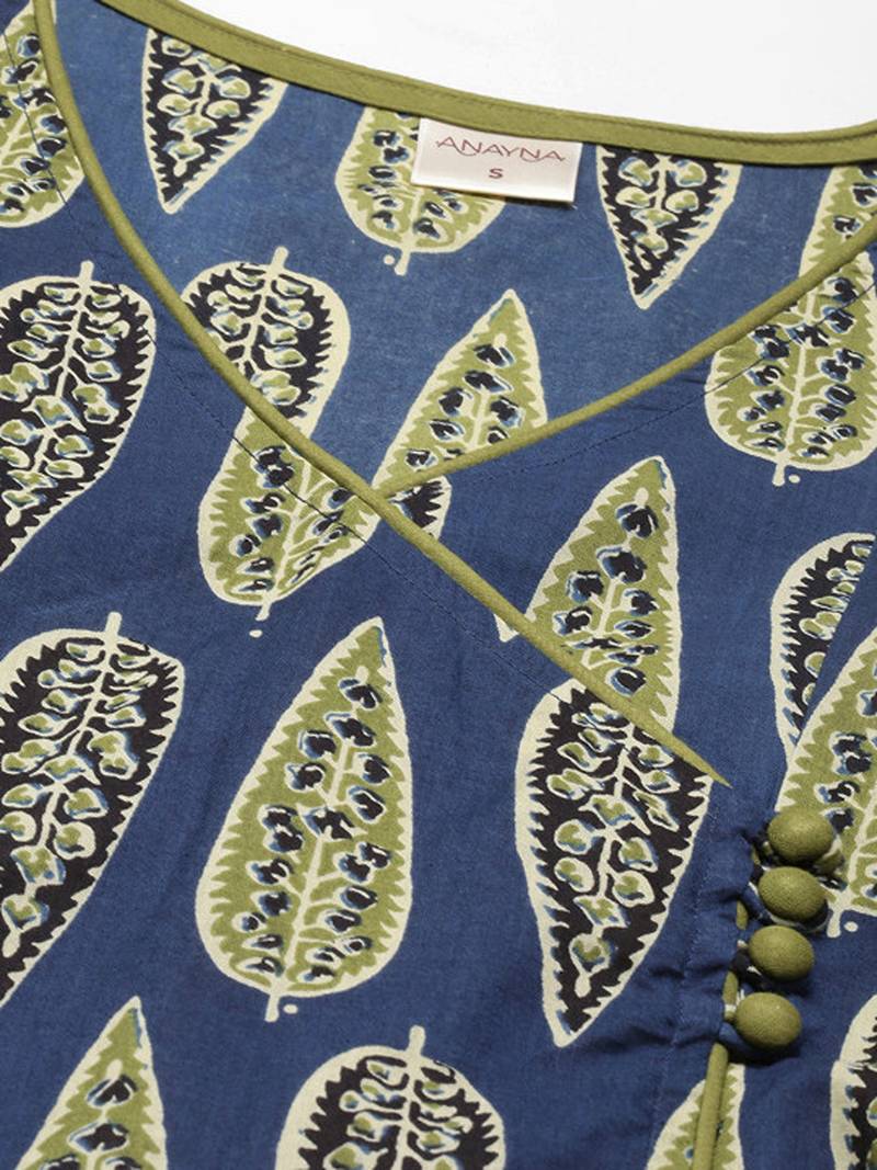 Navy blue & green ethnic motifs printed cotton kurta