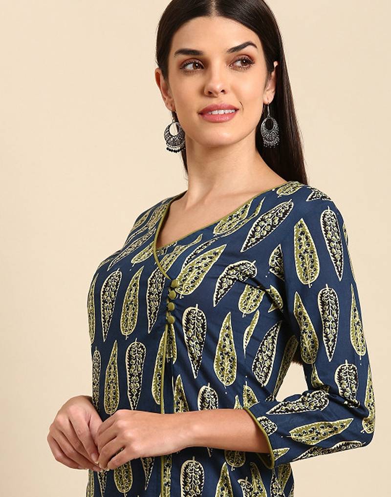 Navy blue & green ethnic motifs printed cotton kurta