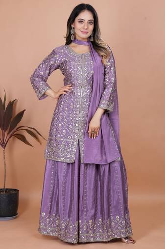 Lavender chinnon embroidery work party wear plazo suit