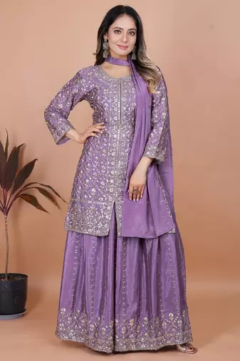 Lavender chinnon embroidery work party wear plazo suit