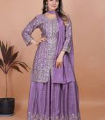 Lavender chinnon embroidery work party wear plazo suit