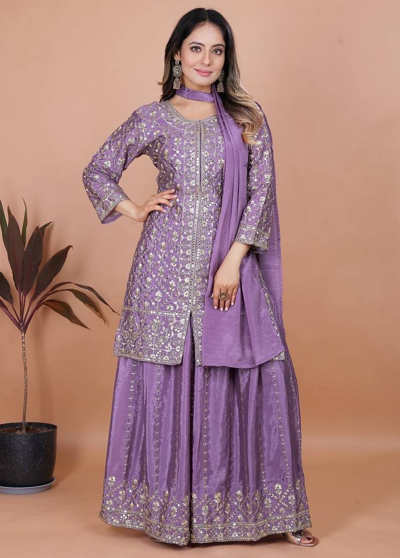 Lavender chinnon embroidery work party wear plazo suit