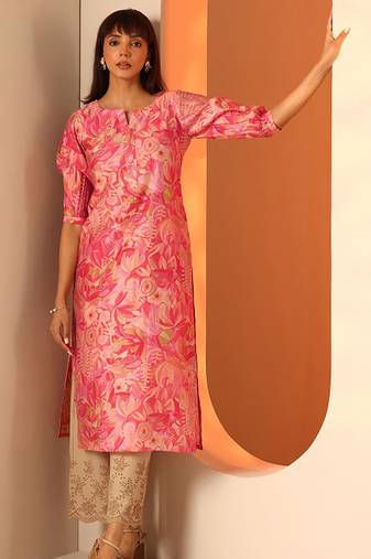 Floral printed notch neck mirror work silk straight kurta