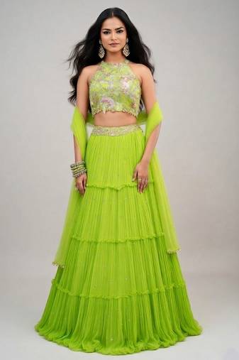 Lime Green Embroidered Georgette Lehenga Set