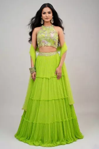Lime Green Embroidered Georgette Lehenga Set