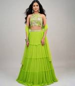 Lime Green Embroidered Georgette Lehenga Set
