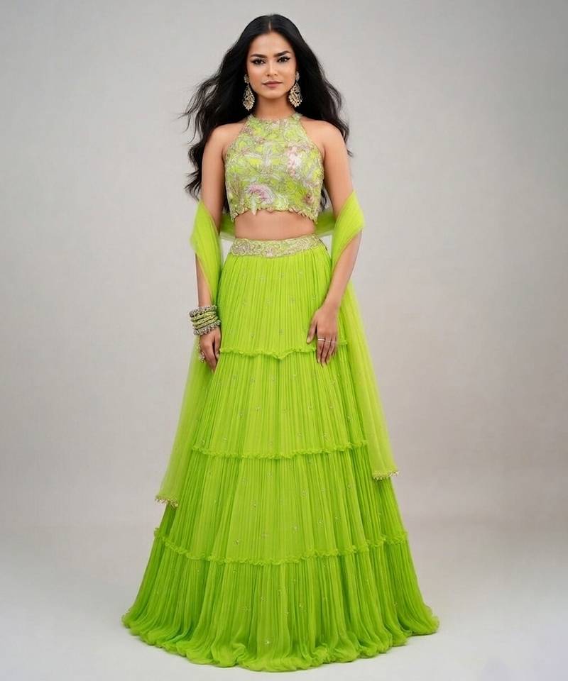 Lime Green Embroidered Georgette Lehenga Set
