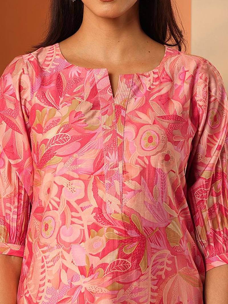 Floral printed notch neck mirror work silk straight kurta