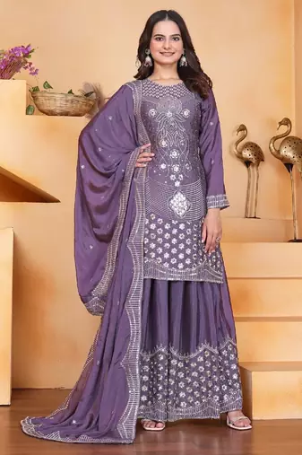 Lavender chinnon embroidery work party wear plazo suit