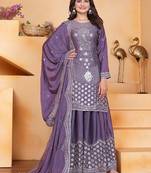 Lavender chinnon embroidery work party wear plazo suit