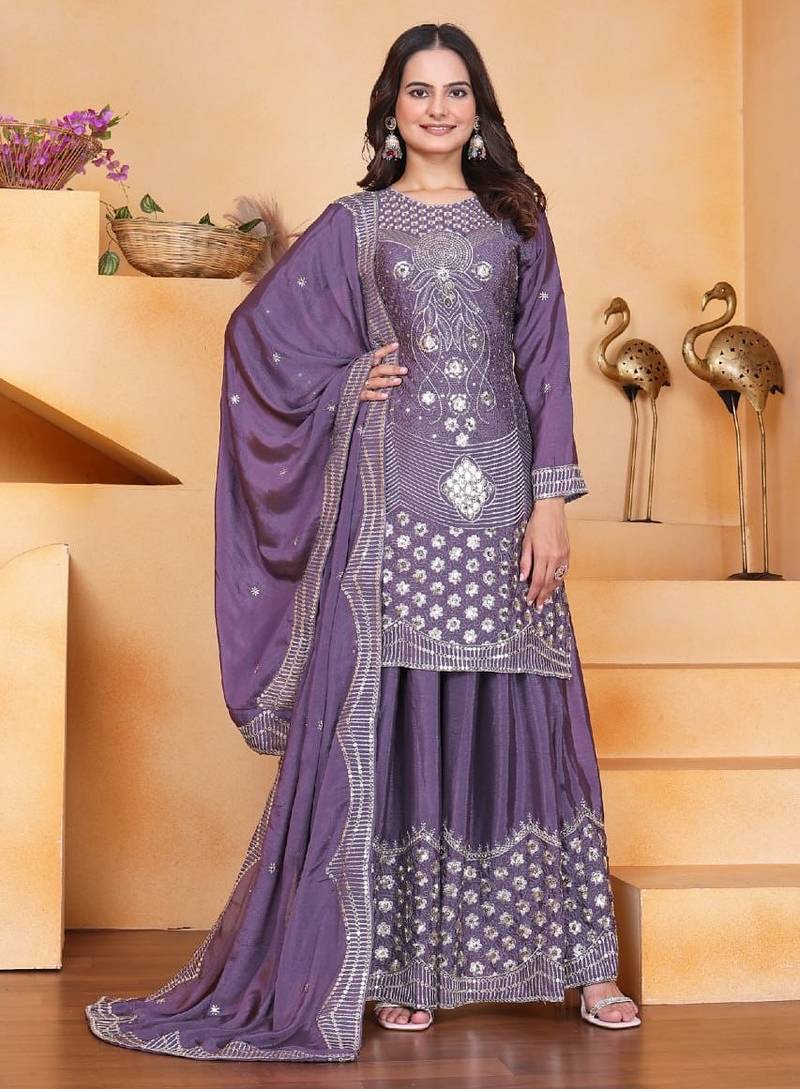 Lavender chinnon embroidery work party wear plazo suit