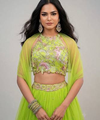 Lime Green Embroidered Georgette Lehenga Set 2