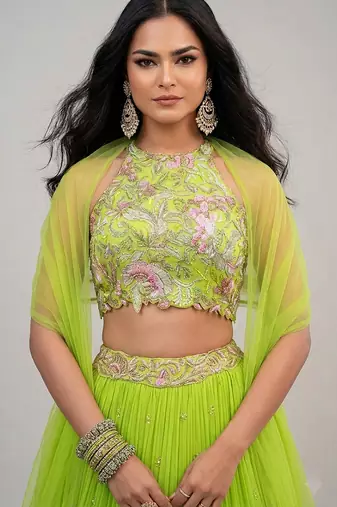 Lime Green Embroidered Georgette Lehenga Set